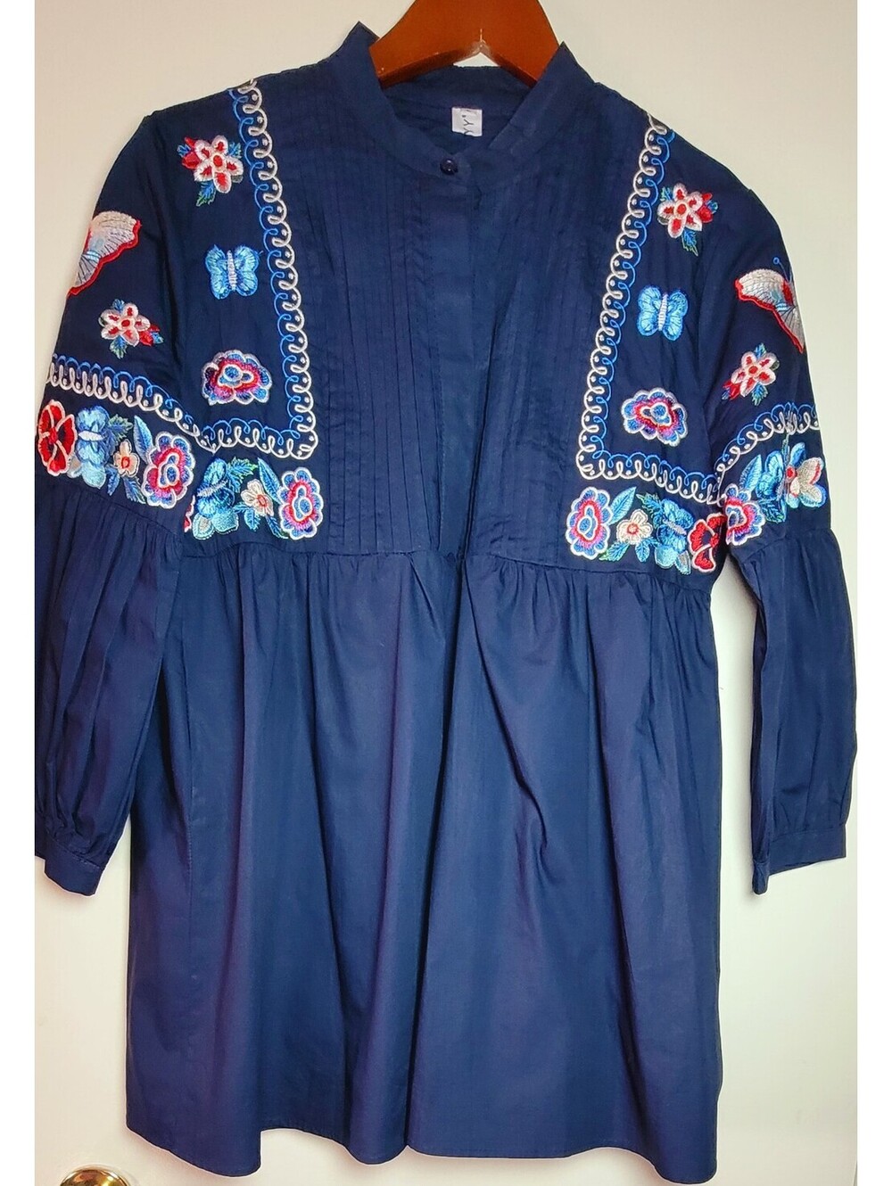MNYY, Navy Blue Embroidered Long Sleeve Tunic Dress with Pockets L